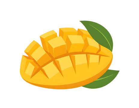 Vibrant cut mango with cuboid flesh and green leaves, isolated on black, tropical fruit illustration