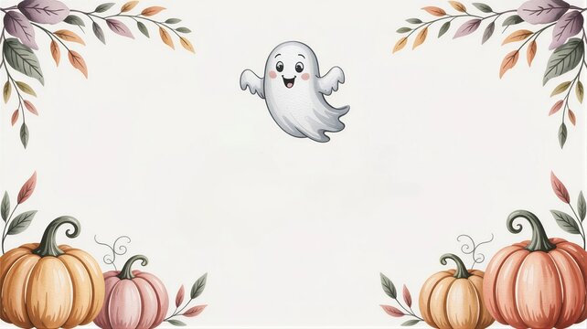 Watercolor Halloween template with a cute ghost, pumpkins and autumn leaves on a white background with copy space