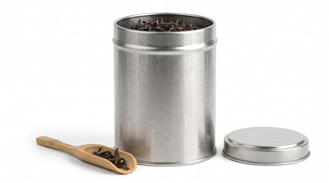 Loose leaf black tea in silver metal tin, open cylindrical canister with wooden scoop, aromatic dried tea leaves on white background