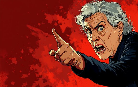 A close-up illustration of a man with grey hair, pointing his finger and yelling.
