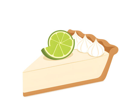 Slice of key lime pie with whipped cream and lime slice illustration isolated on white background