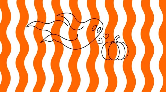 Trendy groovy retro Halloween background with wavy white and orange stripes, outline ghost, and pumpkin with hearts