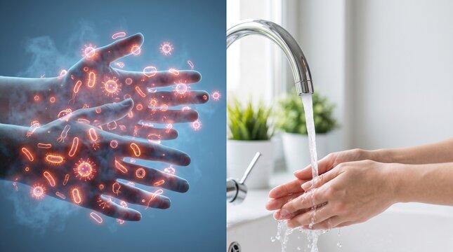 Hands covered in germs and washing hands