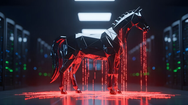 Trojan horse malware attacking server room cybersecurity concept 3d rendering digital data breach