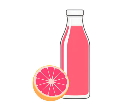 illustration of a glass bottle of pink grapefruit juice next to a sliced grapefruit half