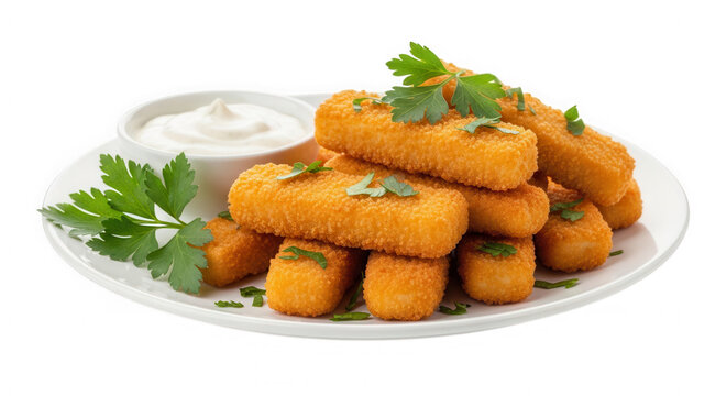 Crispy golden fish sticks served with white dipping sauce on a plate isolated on transparent background