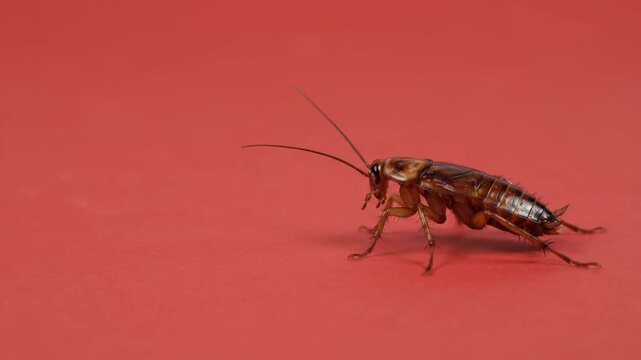 Brown Cockroach Walking Across Solid Red Background