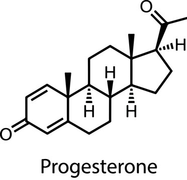 Progesterone chemical formula, molecular structure of steroid hormone, black and white scientific vector illustration of female reproductive health