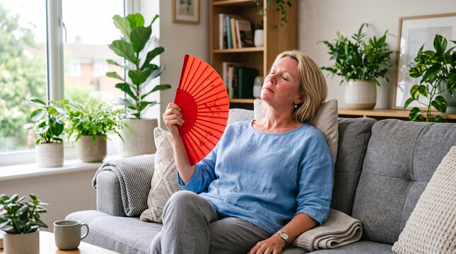 Mature woman cooling herself with a red hand fan on a sofa at home during a hot summer day.