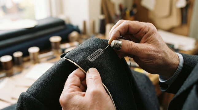 Bespoke tailor hands stitching silk milanese buttonhole on wool jacket lapel