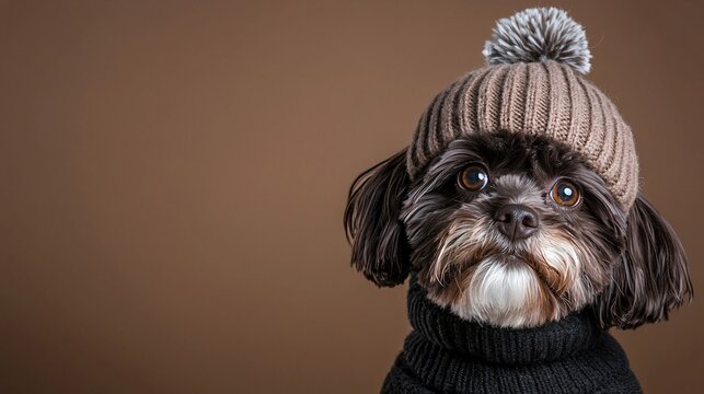 Cute dog wearing a winter hat and sweater.