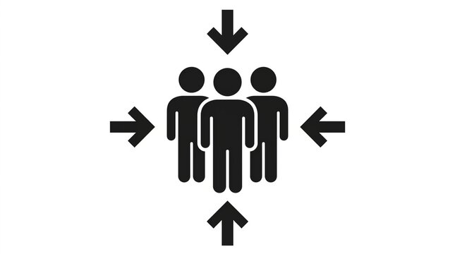 Black icon with directional arrows pointing inward at a human group, symbolizing data centralization and target market concentration.