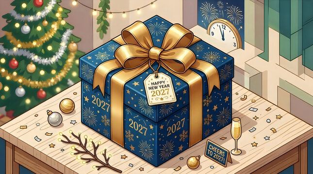 Big blue gift box with gold ribbon for new year 2027 celebration on a decorated wooden table