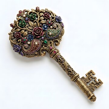 Antique ornate key with colorful gemstone rose design for jewelry or vintage decor