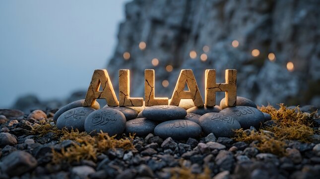 Golden illuminated arabic word allah on rocky terrain with soft background lighting