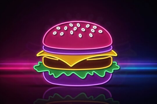 Neon burger sign illustration with vibrant glowing colors on dark background