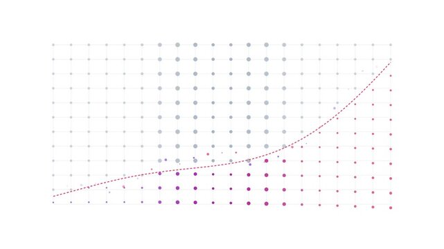 Abstract data visualization with a curved red line intersecting a grid of dotted pink and grey points on white