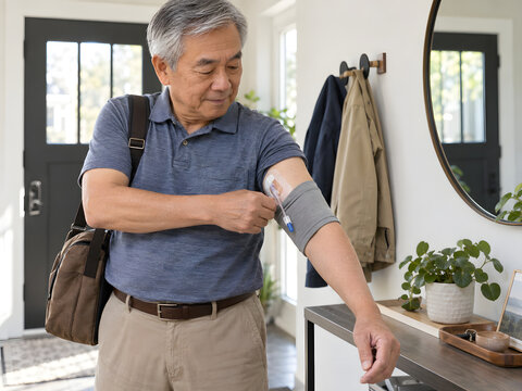 Older Asian man covering PICC line with protective fabric sleeve before leaving home