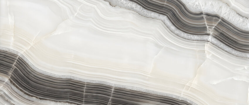 White onyx marble texture background with wavy gray banded edges and cream center for luxury interior surface design