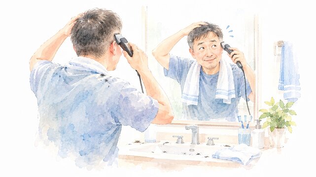 バスルームの鏡を見ながら自分でバリカンを使って髪を整える男性