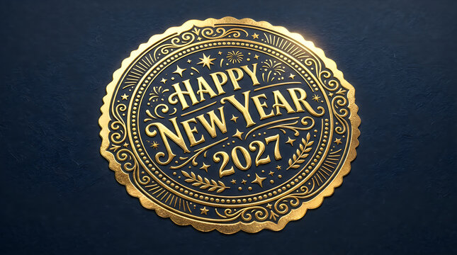 Happy new year 2027 gold vintage badge design with decorative frame on dark background