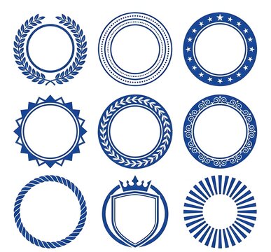 Collection of elegant blue and white circular border designs with various patterns for decorative use