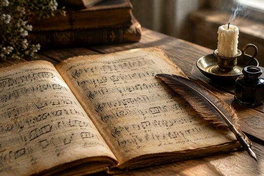 An ancient, open musical score with a quill pen and an extinguished candle.