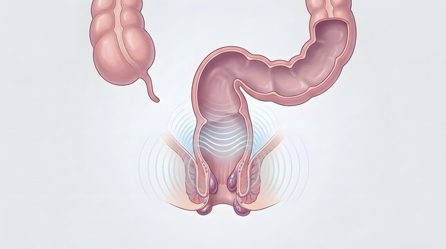 Anatomical cross-section of large intestine and anus showing hemorrhoids causing pain and swelling.