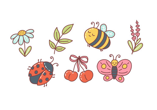 Spring nature illustration set with flowers, bee, ladybug, butterfly and cherries. Hand drawn whimsical vector elements set