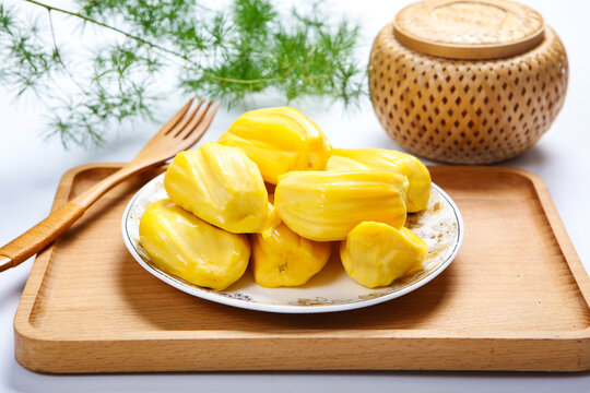 Fresh Yellow Jackfruit Arils Wooden Plate Food Still Life