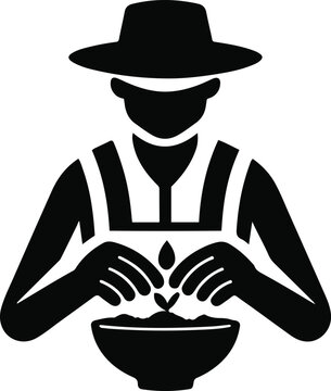 Minimal Farmer Examining A Soil Sample In A Small Bowl, Bowl And Hands Forming A Simple Seed Silhouette, Bold Agricultural Logo 2