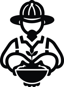 Minimal Farmer Examining A Soil Sample In A Small Bowl, Bowl And Hands Forming A Simple Seed Silhouette, Bold Agricultural Logo