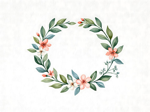 Watercolor floral wreath with green leaves and pink blossoms on white paper background