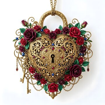Decorative golden heart-shaped key holder with red roses and floral design for home decor