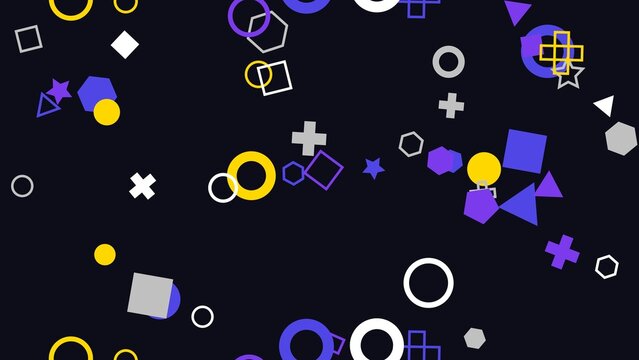 pattern geometric horizontal Abstract Geometric Shapes Pattern Background with Circles Squares Triangles Hexagons Stars and Crosses in Purple Yellow White and Gray Colors