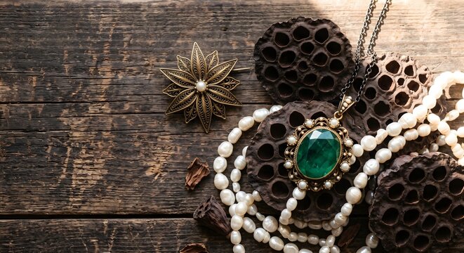 Elegant Green Emerald Pendant Necklace with Pearls and Star Brooch on Dark Wood