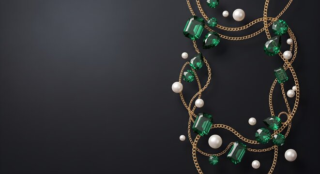 Elegant Green Emerald Gemstones and Pearls Intertwined with Golden Chains on Dark Background