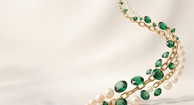 Soft White Background with Graceful Flowing Curve of Green Emerald Gemstones and Pearls