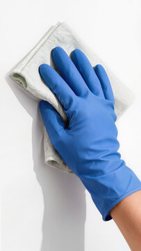 Hand in a blue rubber glove wiping a surface with a cloth on a white background, housework and cleaning concept with vertical copy space for text