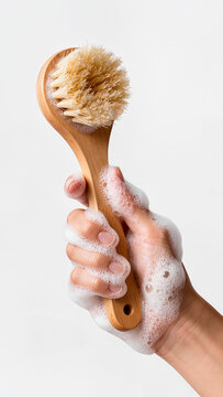 Hand holding a wooden body brush covered in soapy foam on a white background, dry brushing and spa self care concept with vertical copy space for text