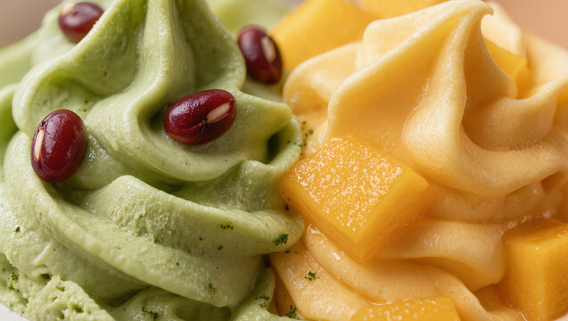 Macro close up of matcha green cream with red beans beside mango cream with fruit cubes, Korean dessert and food styling concept with wide copy space for text