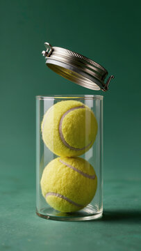 Two tennis balls stacked in a glass jar with the lid floating above on a green background, tennis sport and creative equipment concept with vertical copy space