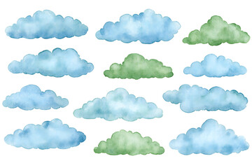 Fototapeta premium Watercolor cloud set in blue and green on white background