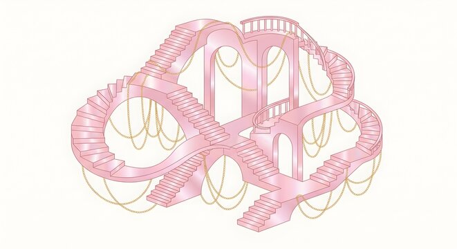 Pink Architectural Arch Structures and Roller Coaster Abstract Concept on White Background