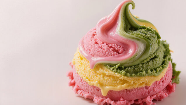 Colorful rainbow ice cream scoop in pink yellow and matcha green swirl on a soft background, playful dessert and frozen treat concept with wide copy space for text