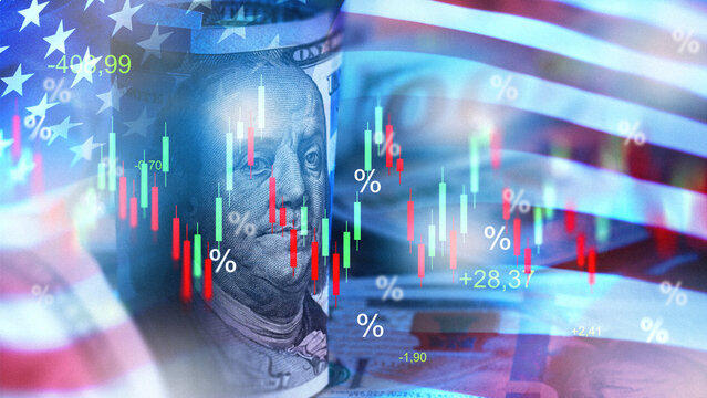 Stock market chart shows money values with US dollar and percentage changes in financial context