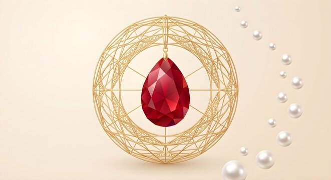 Glowing Red Ruby Gemstone Inside Golden Geometric Ring Frame with Falling Pearls