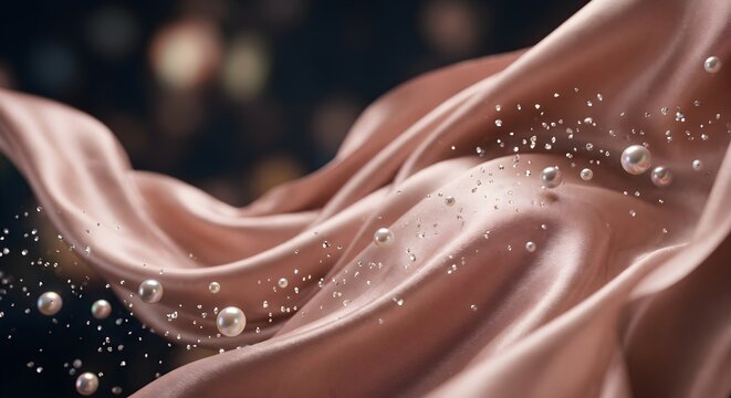 Glossy Pink Silk Satin Fabric Waves with Pearls and Sparkling Highlights on Dark