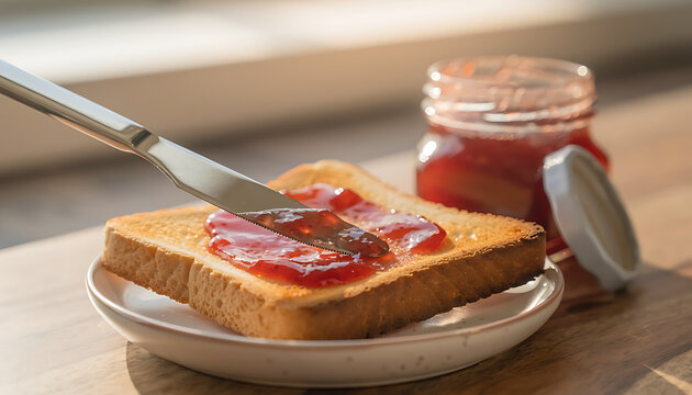 Close Up of Toast with Strawberry Jam on Plate Morning Breakfast