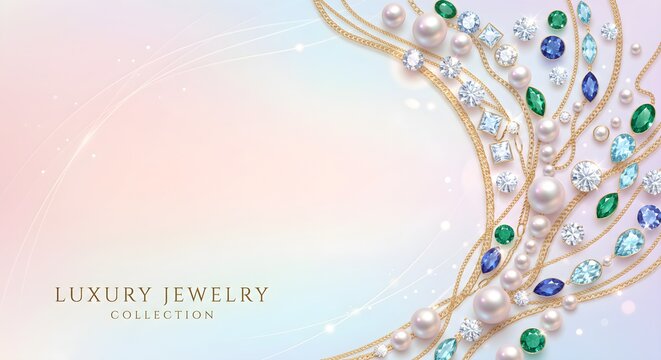 Soft Pastel Gradient Background with Curved Arch of Colorful Luxury Diamonds